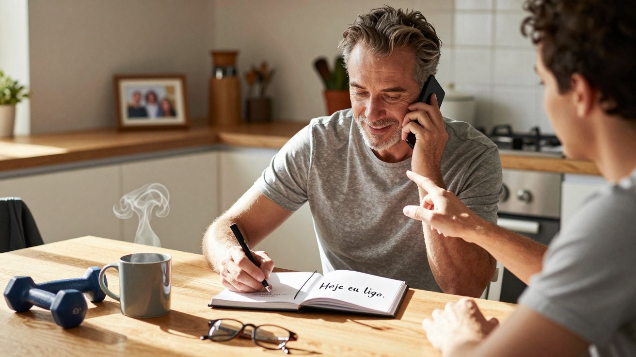Homem ao telefone a escrever "Hoje eu ligo" num caderno, sentado à mesa da cozinha com café e halteres.