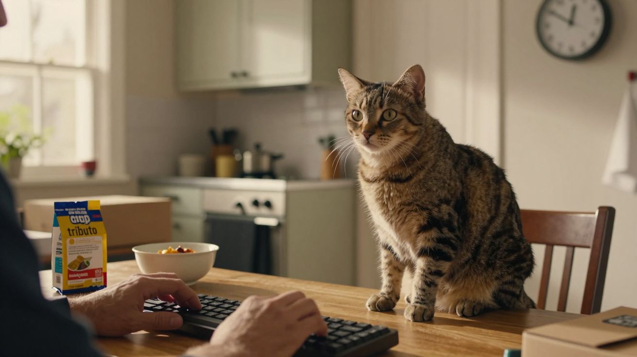 Gato tigrado sentado numa mesa ao lado de um teclado, com uma cozinha ao fundo e relógio na parede.