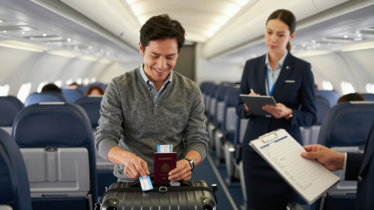 Homem a arrumar passaporte e bilhete na bagagem de mão num avião, enquanto assistente de bordo verifica documentos.
