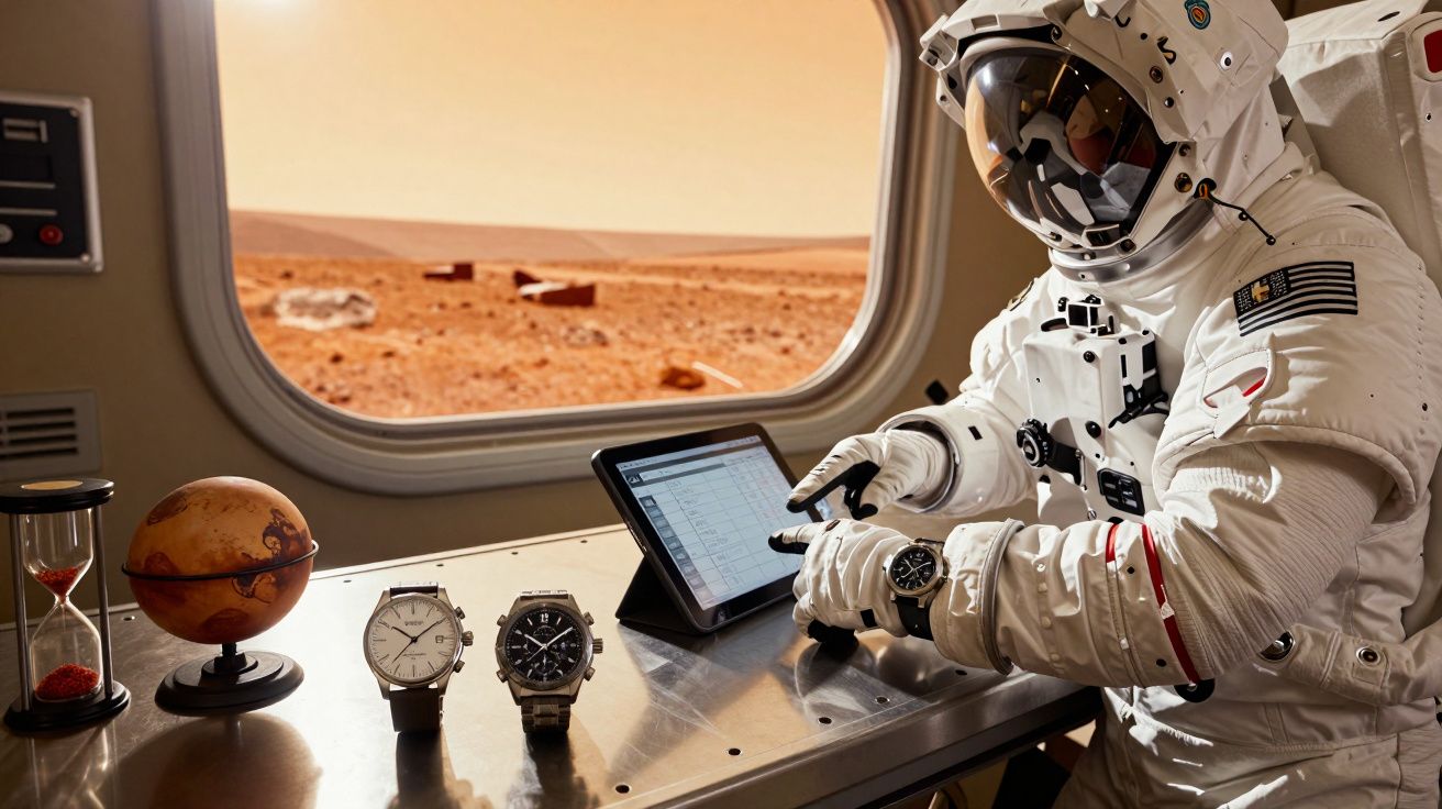 Astronauta em fato espacial usando tablet numa estação marciana, com relógios, ampulheta e maquete de Marte numa mesa.