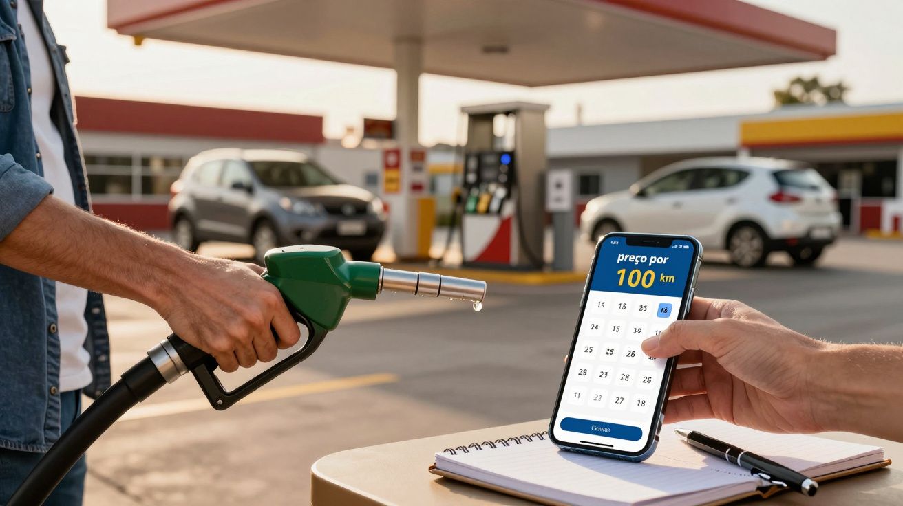 Pessoa segura bomba de gasolina enquanto outra consulta app de preços no telemóvel num posto de combustível.