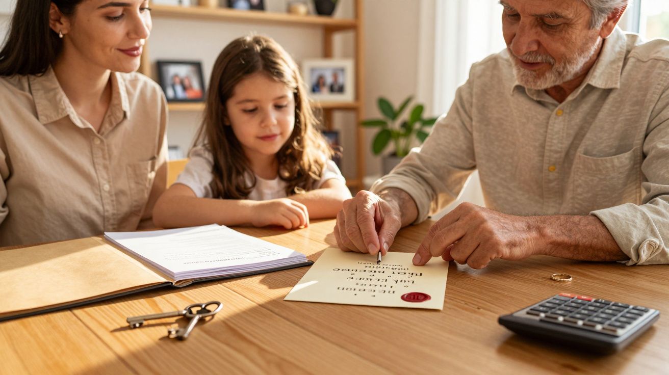 Homem idoso mostrando documento a mulher e criança sentados à mesa com calculadora e chaves.