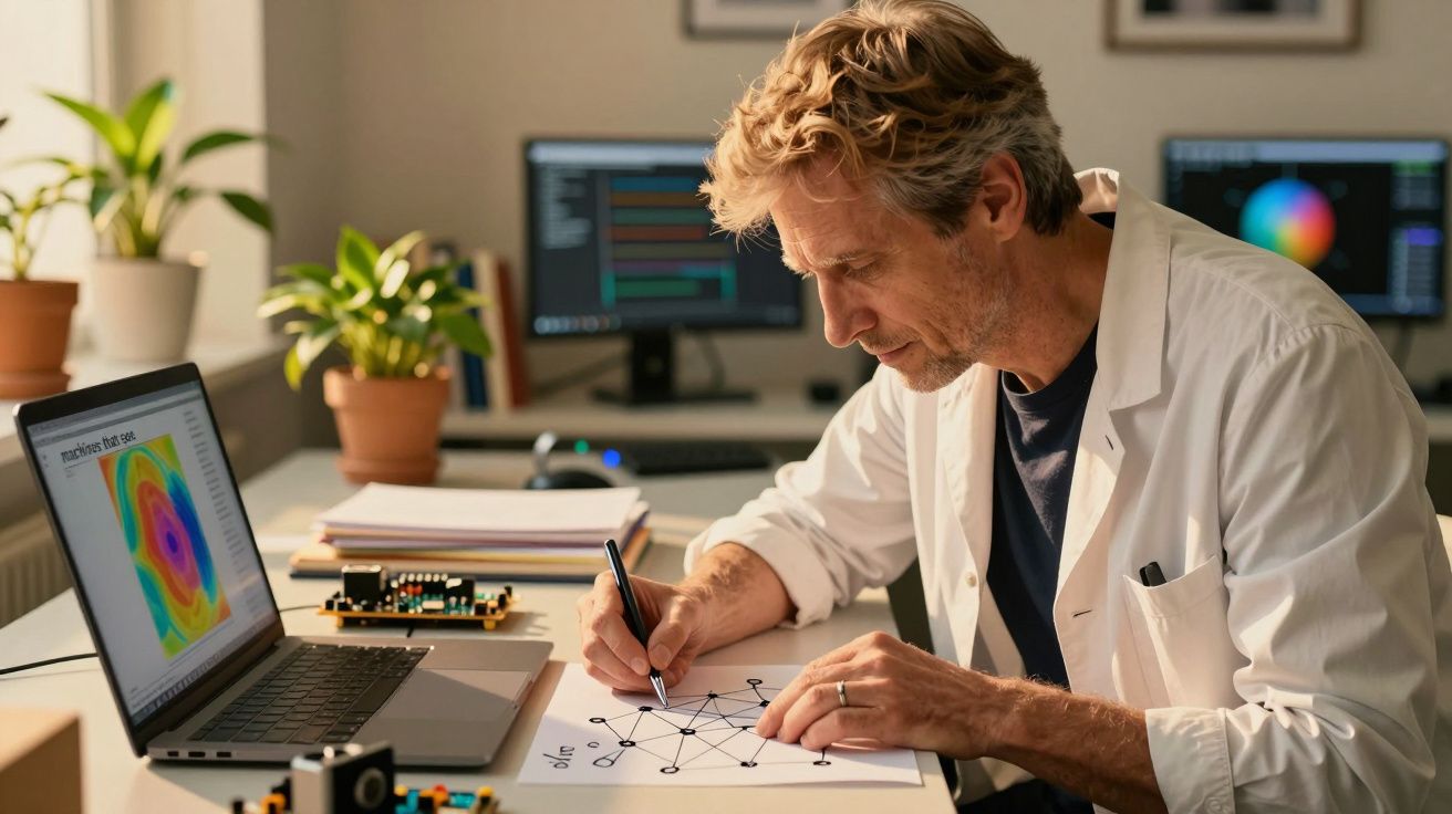 Homem de bata branca a desenhar um gráfico em papel, com laptop e monitores ao fundo em ambiente de escritório.