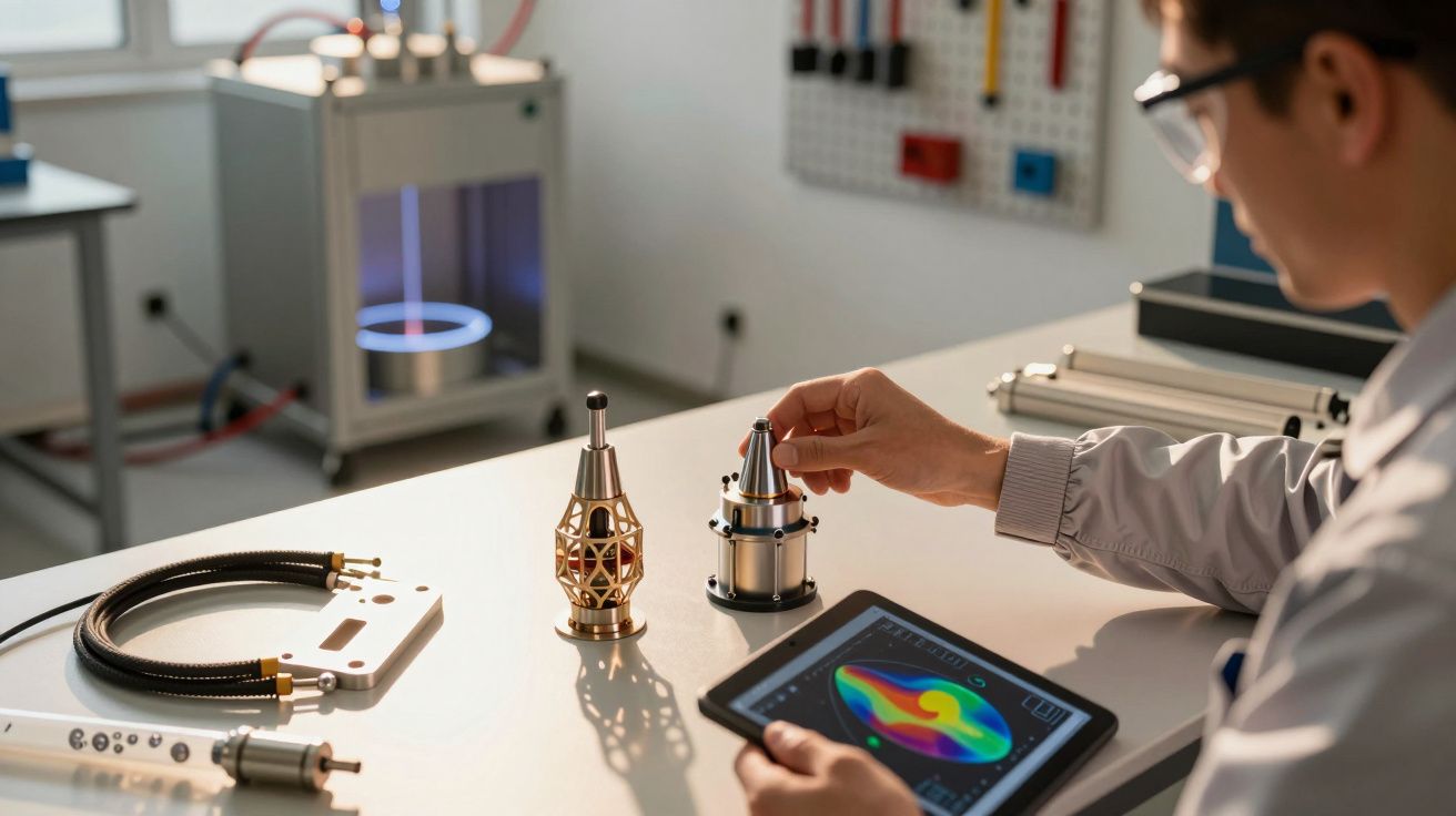Pessoa analisa peças mecânicas numa mesa, segurando um tablet com gráfico colorido. Equipamento técnico ao fundo.
