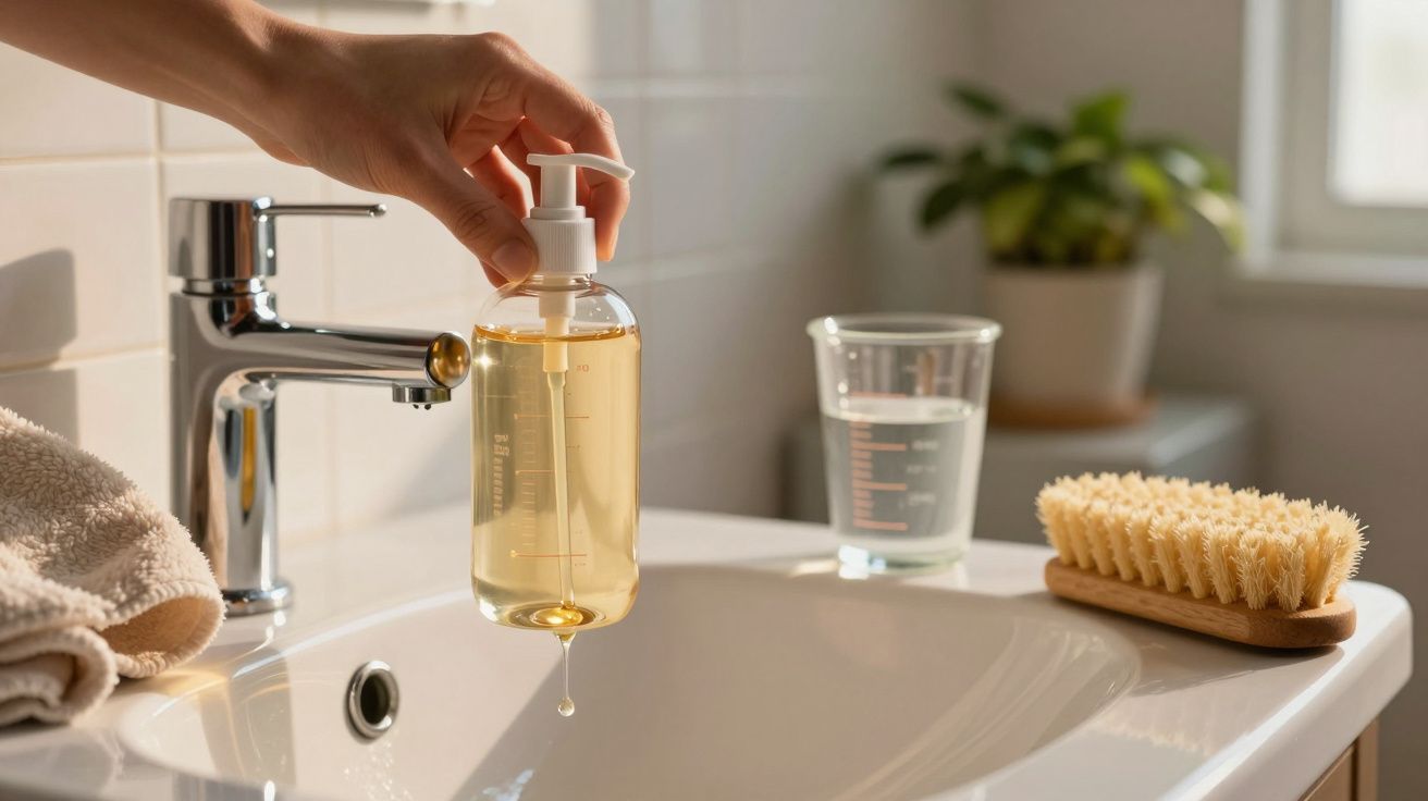 Mão a pressionar frasco de sabão líquido junto a torneira em casa de banho. Copo medidor e escova ao lado.