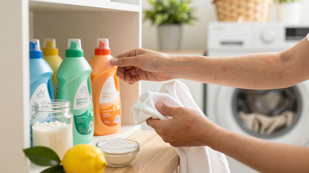 Mãos seguram roupa branca perto de detergentes coloridos e máquina de lavar numa lavandaria.