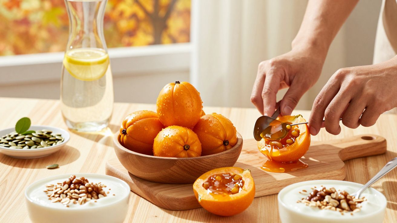 Mãos cortam fruta laranja ao lado de uma tigela de iogurte com sementes e um jarro de água com limão.