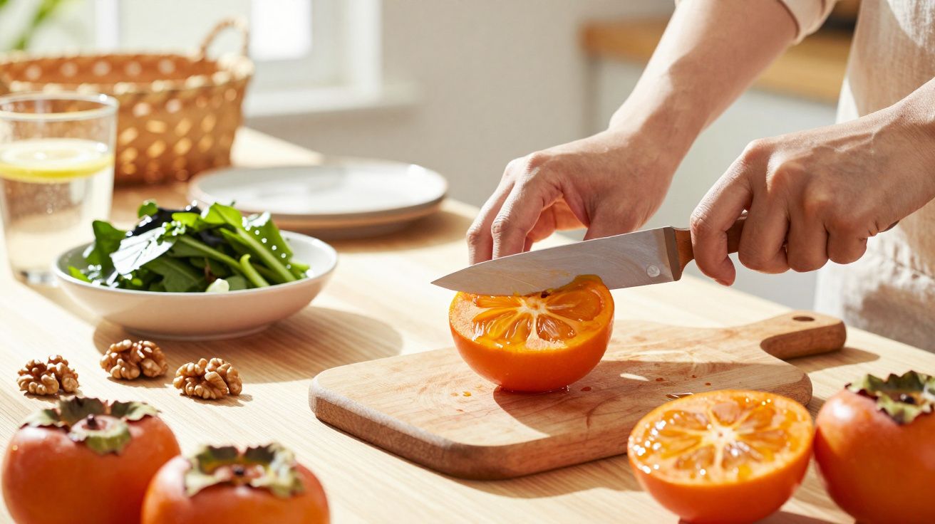 Pessoa a cortar dióspiro na tábua de madeira, ao lado de uma salada e nozes numa cozinha iluminada.