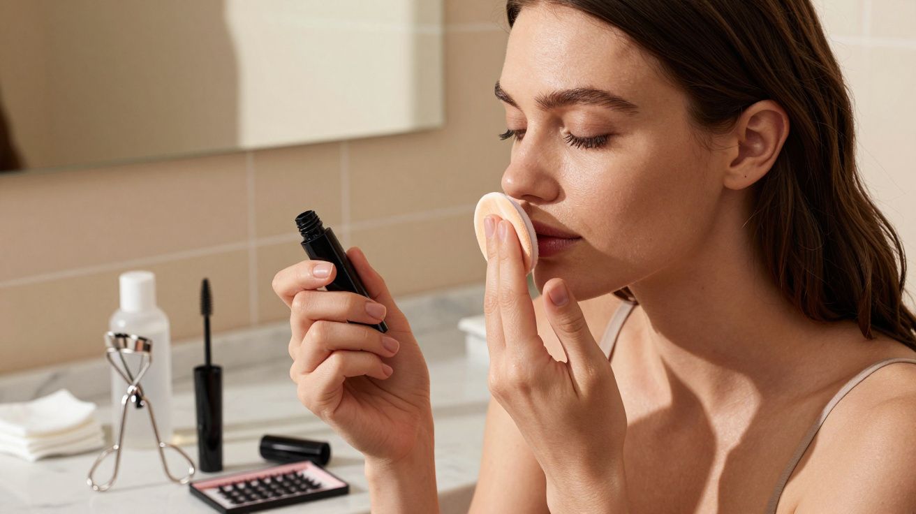 Mulher aplica maquilhagem com esponja no rosto, segurando rímel. Produtos de beleza estão na bancada da casa de banho.