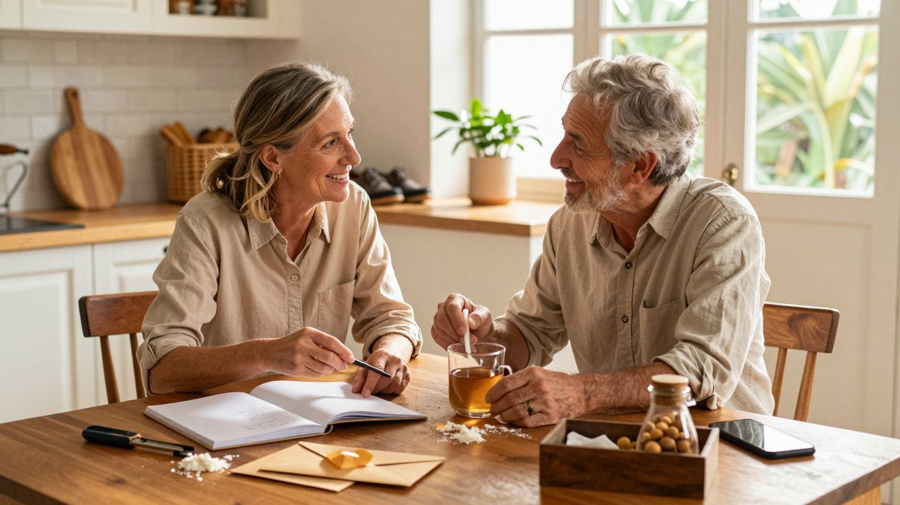 Casal idoso sentado à mesa da cozinha, sorrindo e a conversar, com chá e livro aberto.