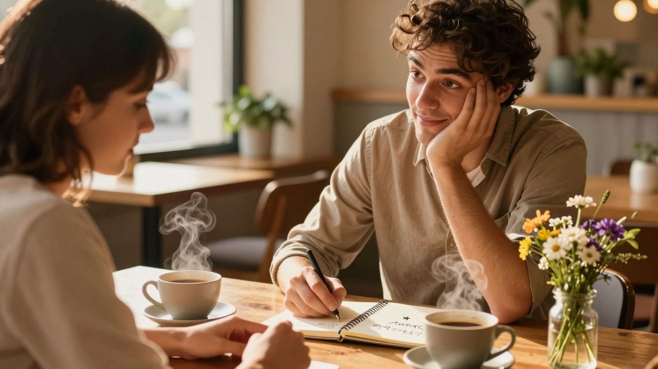 Homem e mulher conversam num café, com canecas de café e caderno sobre a mesa, flores ao lado.