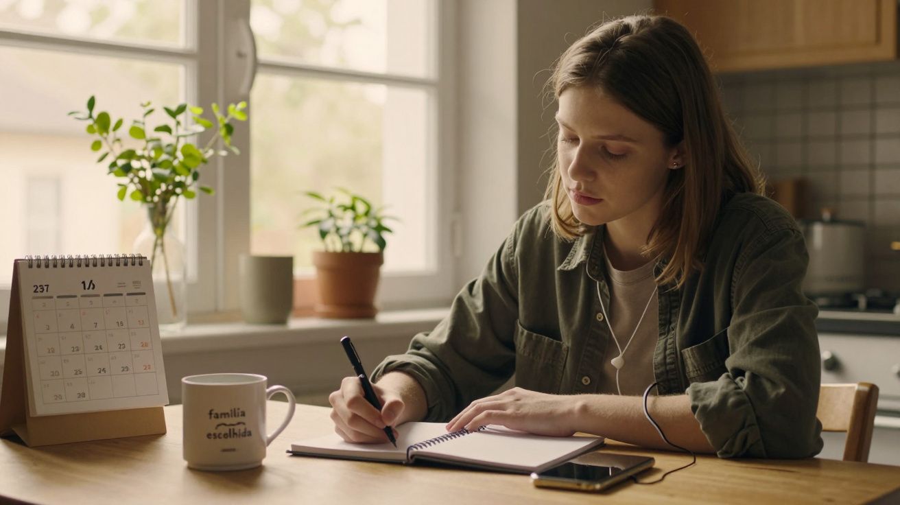 Mulher escrevendo num caderno à mesa, com chávena de café, calendário, plantas e telemóvel na cozinha iluminada.