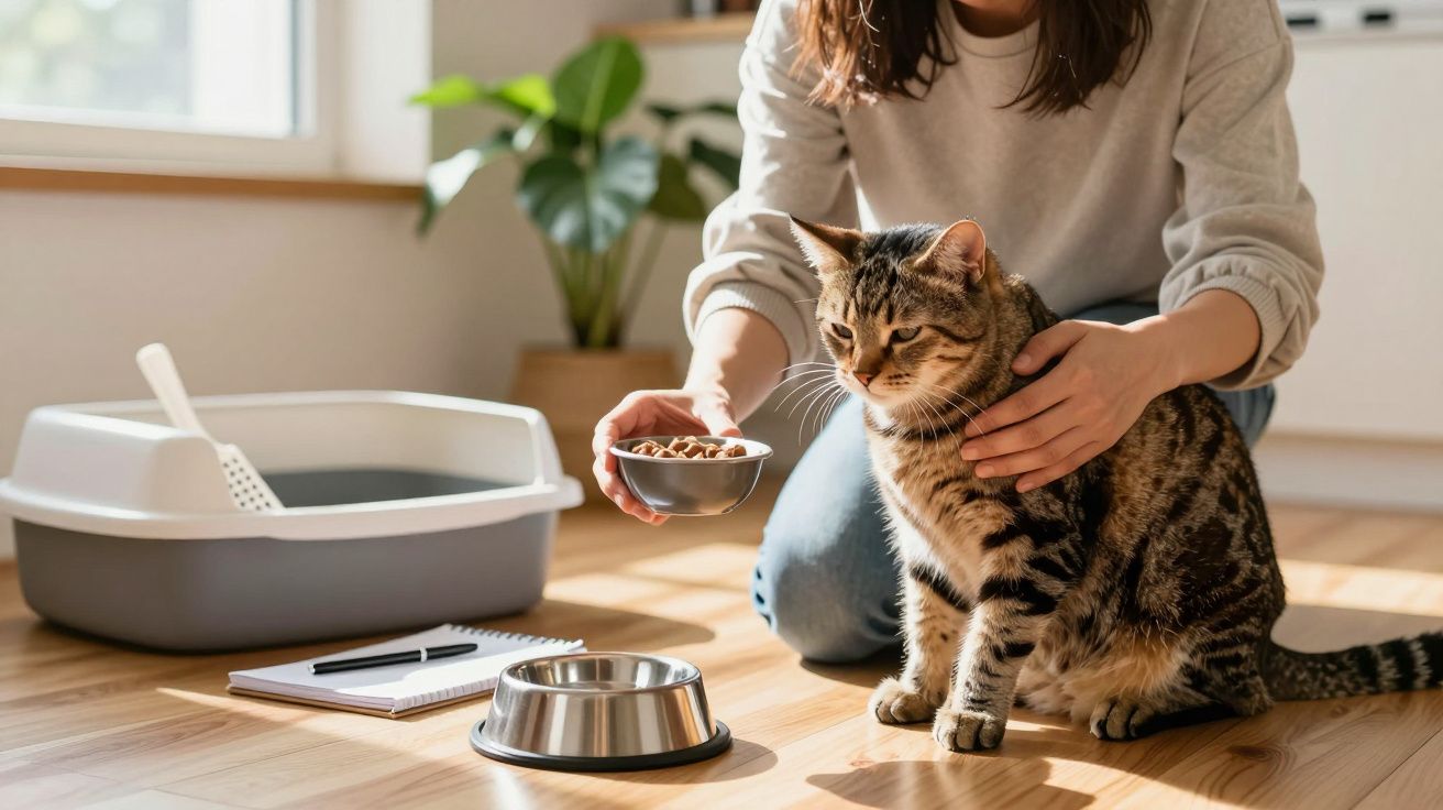 Mulher alimenta gato listrado ao lado de caixa de areia e bloco de notas num quarto iluminado.
