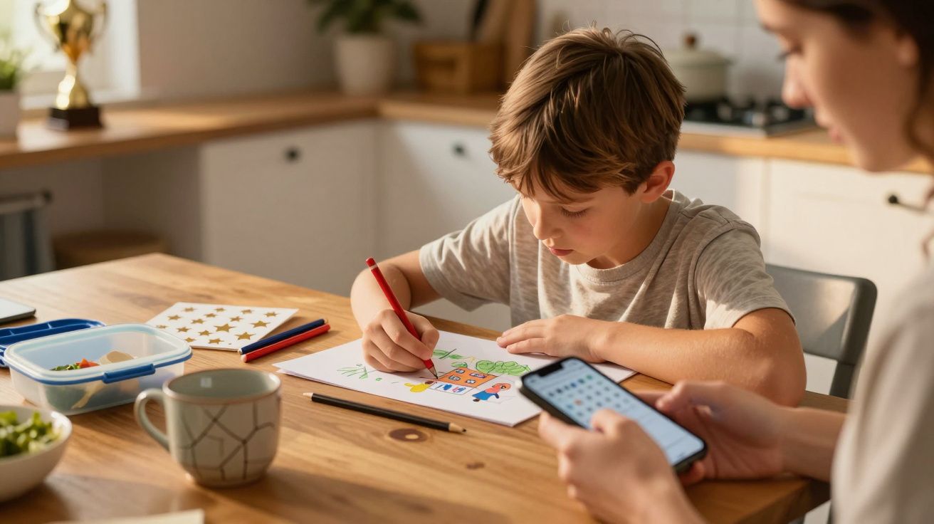 Menino desenha numa folha, sentado à mesa da cozinha, enquanto uma mulher mexe no telemóvel ao lado.