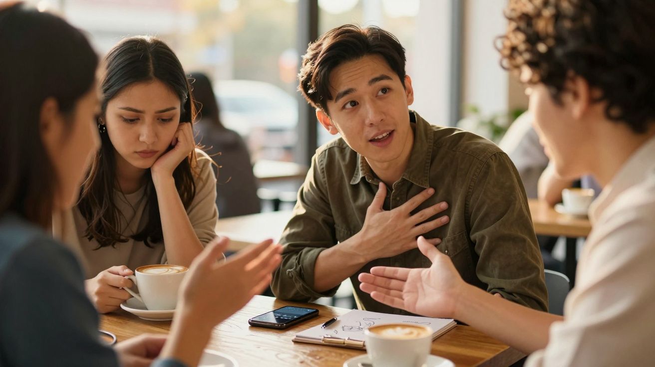 Quatro pessoas conversam em torno de uma mesa de café, com copos à frente e um caderno aberto.