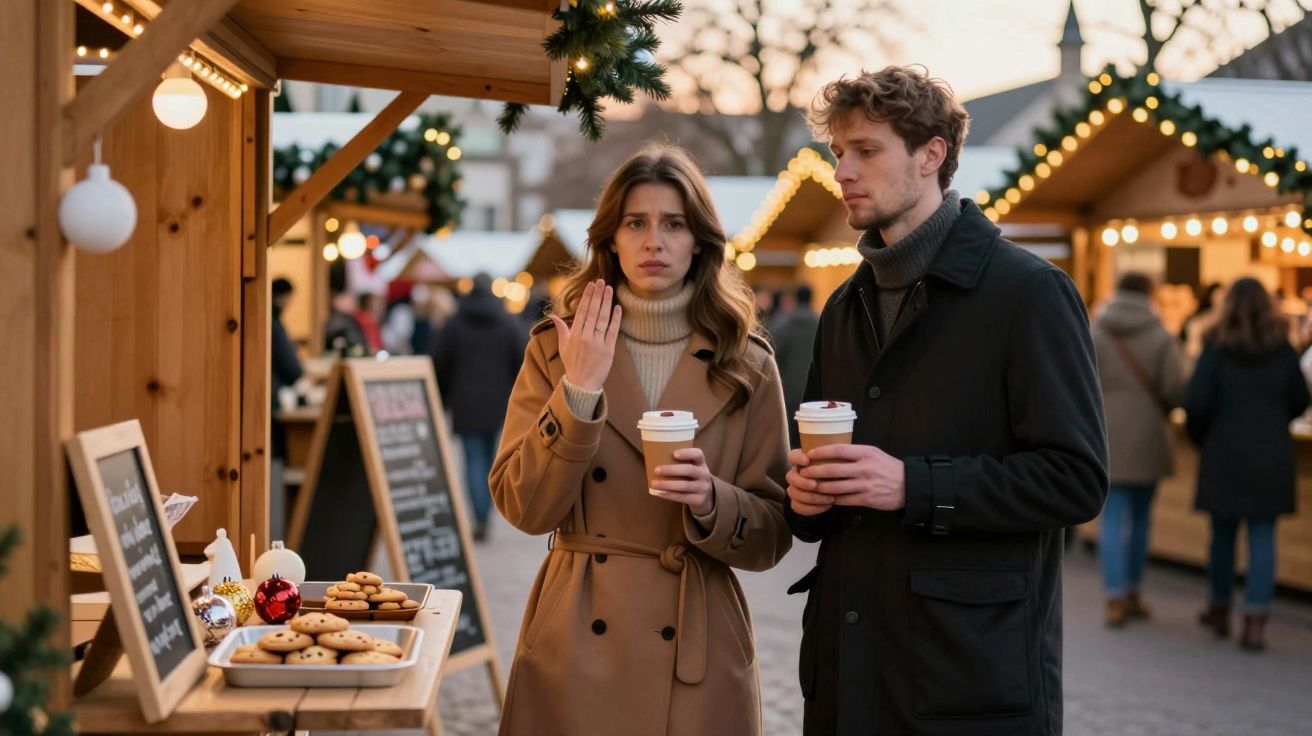 Casal num mercado de Natal ao ar livre segurando bebidas quentes, com bancas de biscoitos e decorações ao fundo.