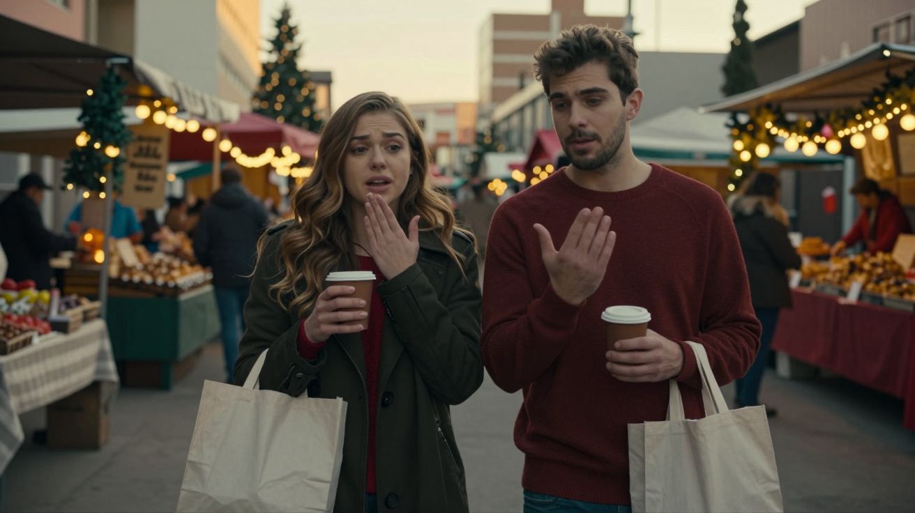 Casal com sacos de compras e café passeia por mercado ao ar livre, decorado para o Natal, à noite.