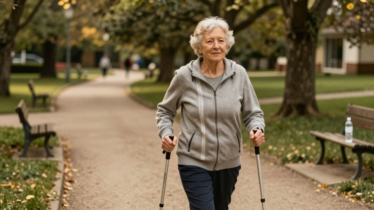 Idosa a caminhar com bastões num parque arborizado, vestindo agasalho cinza.