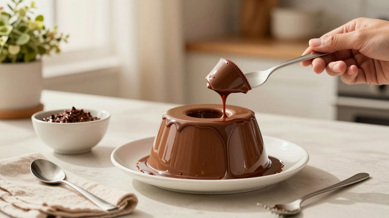 Mão segurando garfo com fatia de pudim de chocolate sobre prato, em mesa com guardanapo, colheres e tigela ao fundo.