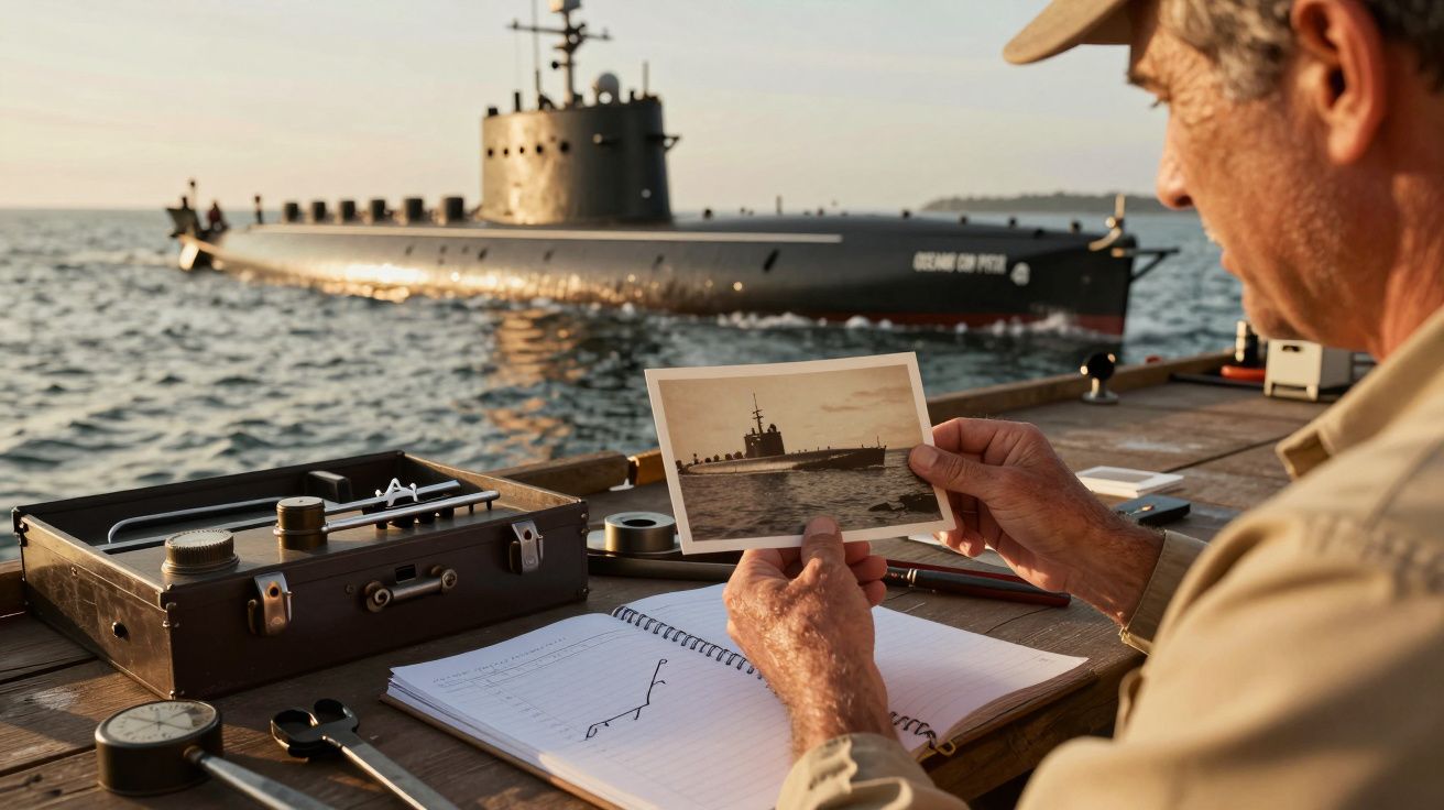 Homem observa fotografia de submarino enquanto outro submarino navega ao fundo no oceano.