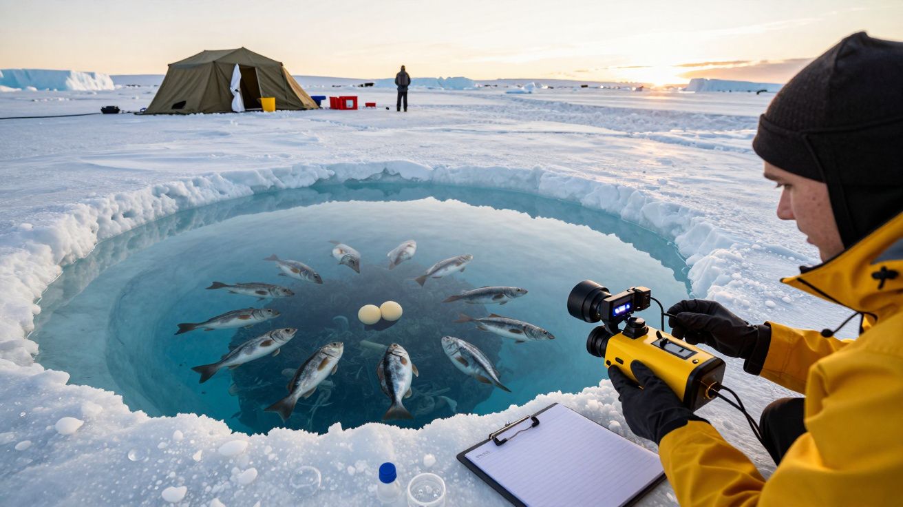Homem fotografa buraco no gelo com peixes e ovos submersos, ao lado de equipamento e uma tenda ao fundo.