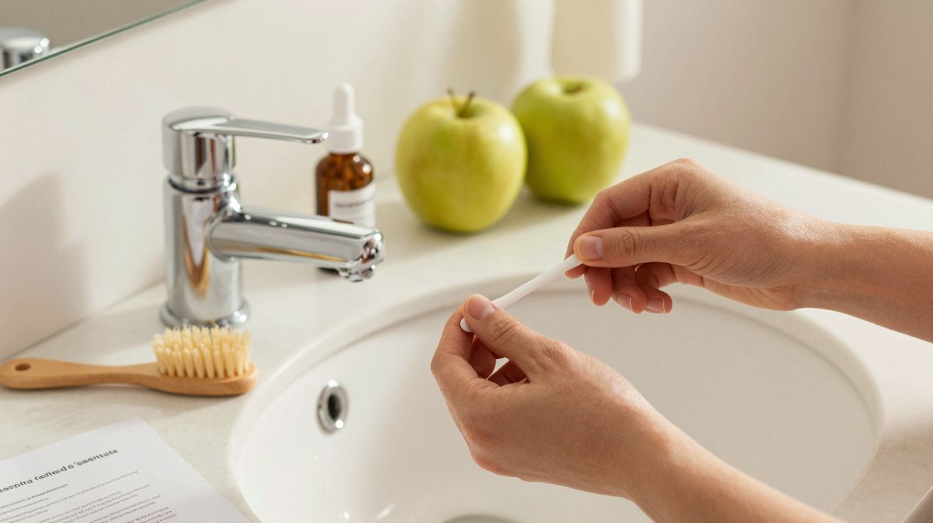 Mãos segurando um teste de gravidez no lavatório de casa de banho, com maçãs e escova ao fundo.