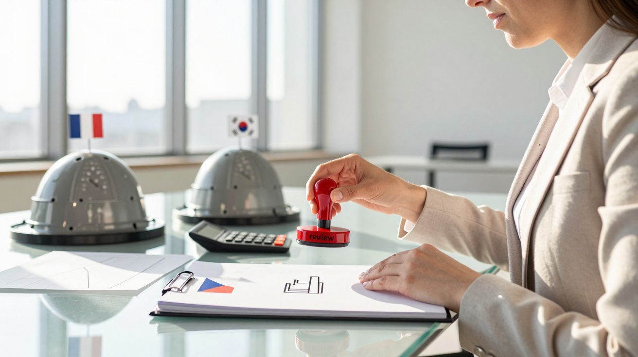Mulher carimba documentos numa mesa com bandeiras e objetos de escritório ao fundo.