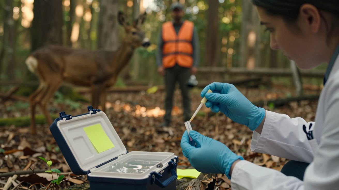 Cientista coleta amostra na floresta com veado e pessoa ao fundo, usando luvas e caixa de armazenamento.