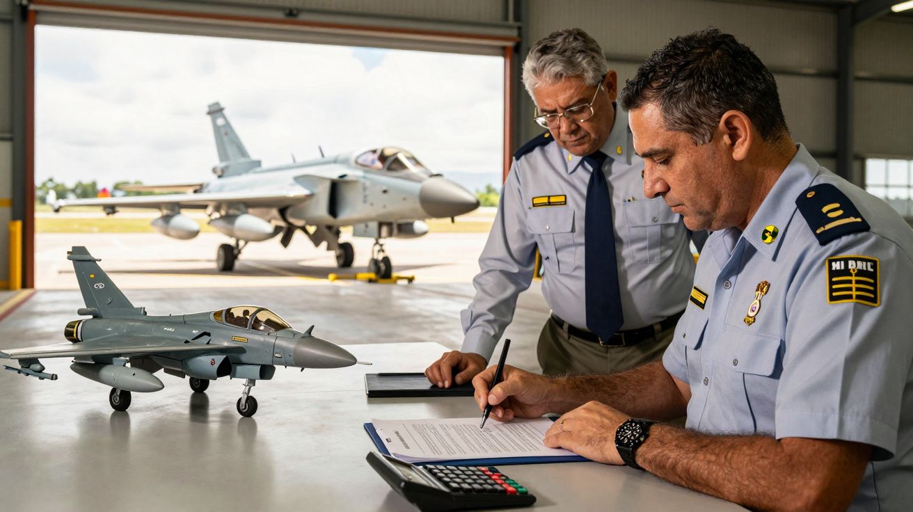 Dois oficiais da Força Aérea em uniforme analizam documentos num hangar com um caça em miniatura e um caça real ao fundo.