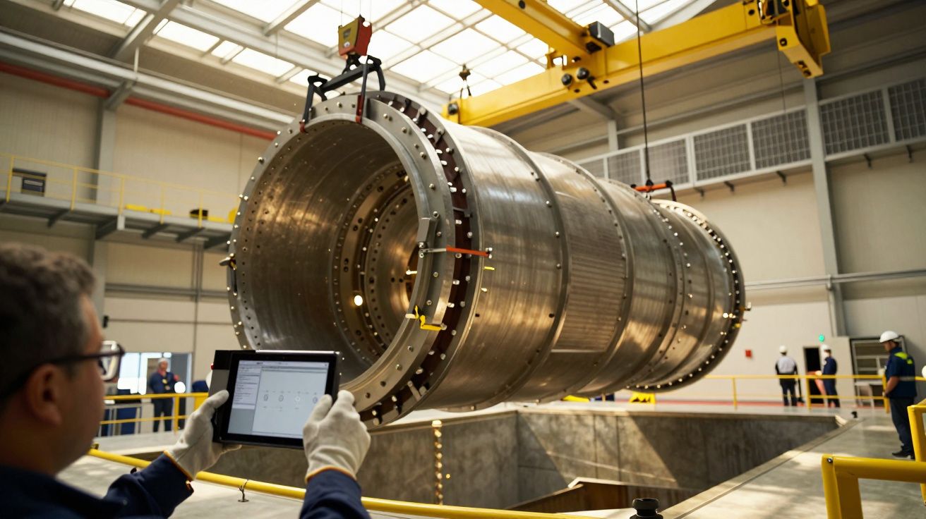 Homem com tablet supervisiona elevação de grande objeto cilíndrico metálico em fábrica com grua amarela.