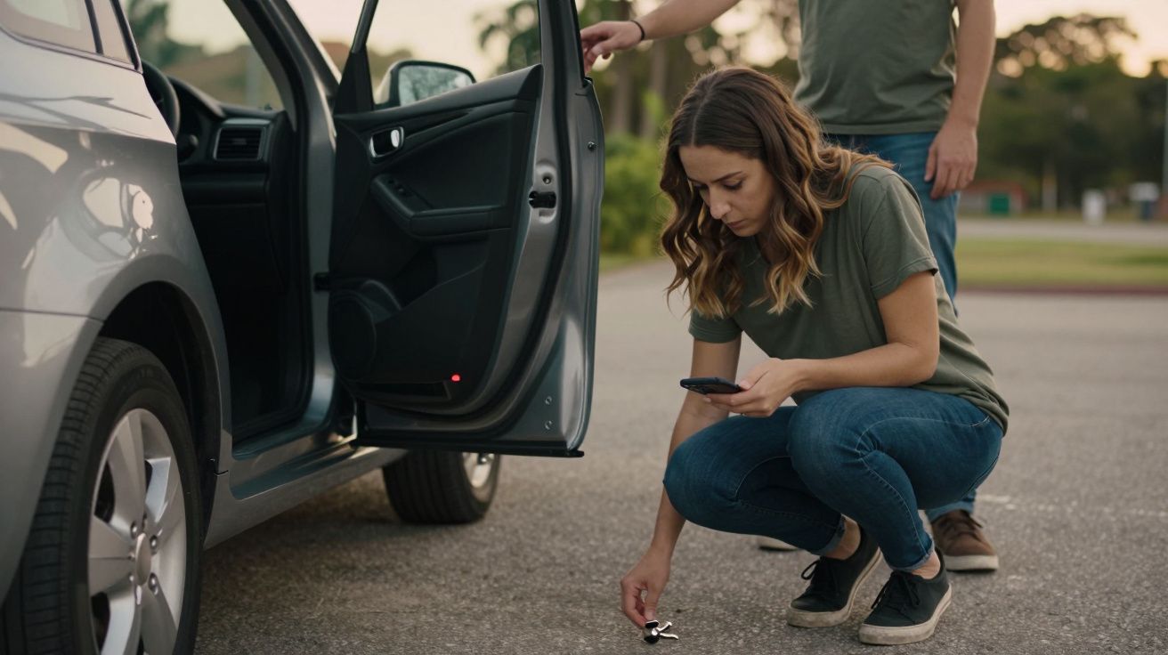 Mulher apanha chaves do carro do chão ao lado de um carro aberto, enquanto segura um telemóvel.