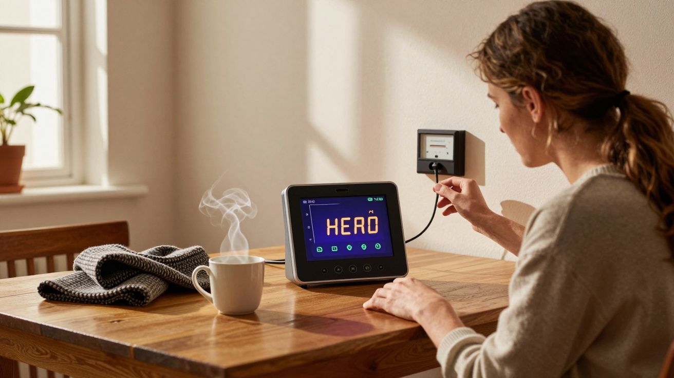 Mulher liga um dispositivo a uma tomada na parede enquanto uma caneca de café está na mesa.