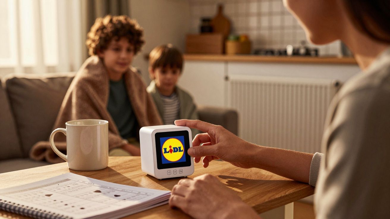 Pessoa usa dispositivo com o logótipo do Lidl, sentada à mesa com chávena e duas crianças ao fundo numa sala de estar.