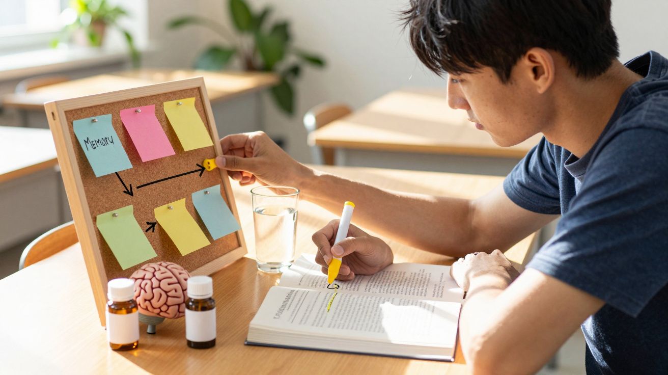 Homem estuda com livro aberto, marcador e quadro de notas. Próximo, um modelo de cérebro e garrafas sobre a mesa.