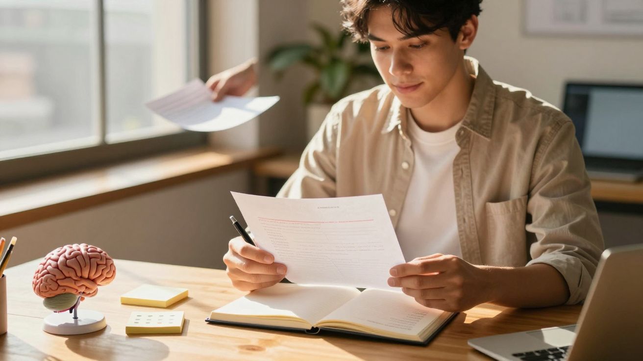 Jovem concentrado a estudar numa mesa com portátil e modelo de cérebro.