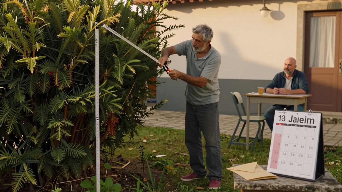Homem a podar arbustos com uma serra ao lado de um calendário ao ar livre, outro homem sentado numa mesa ao fundo.