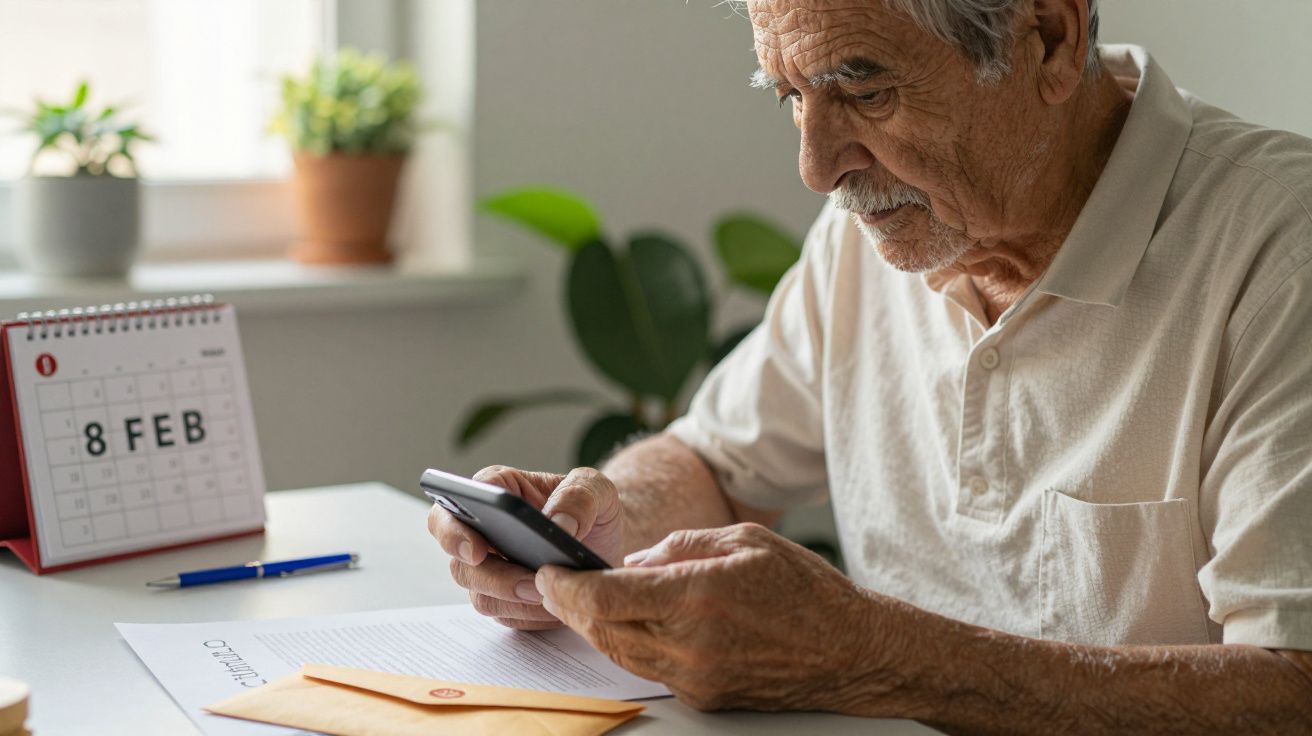 Idoso sentado à mesa usando smartphone, com calendário, papel e envelope ao lado.