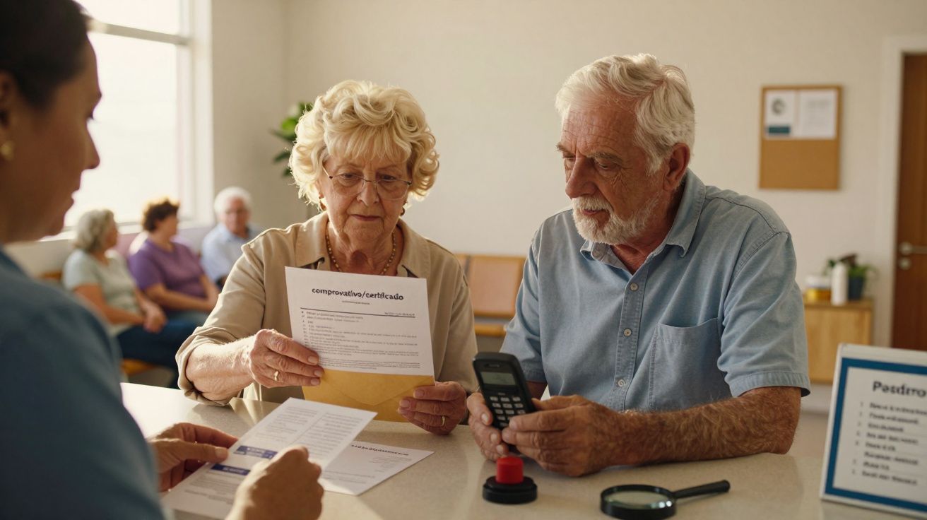 Casal idoso examina documentos e usa uma máquina de calcular numa receção, com pessoas sentadas ao fundo.
