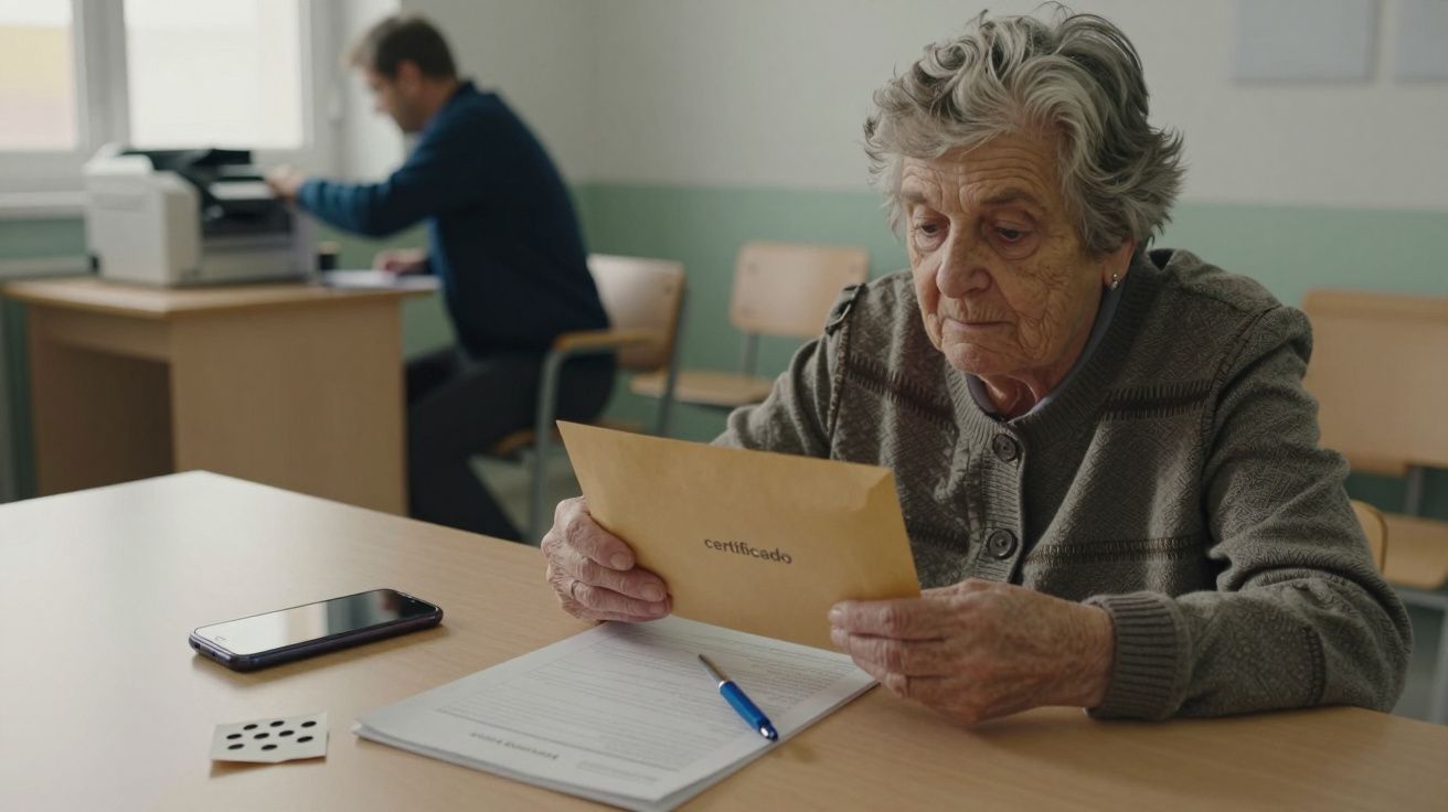 Idosa sentada à mesa, segurando envelope com "certificado". Documento, telemóvel e caneta estão à sua frente.