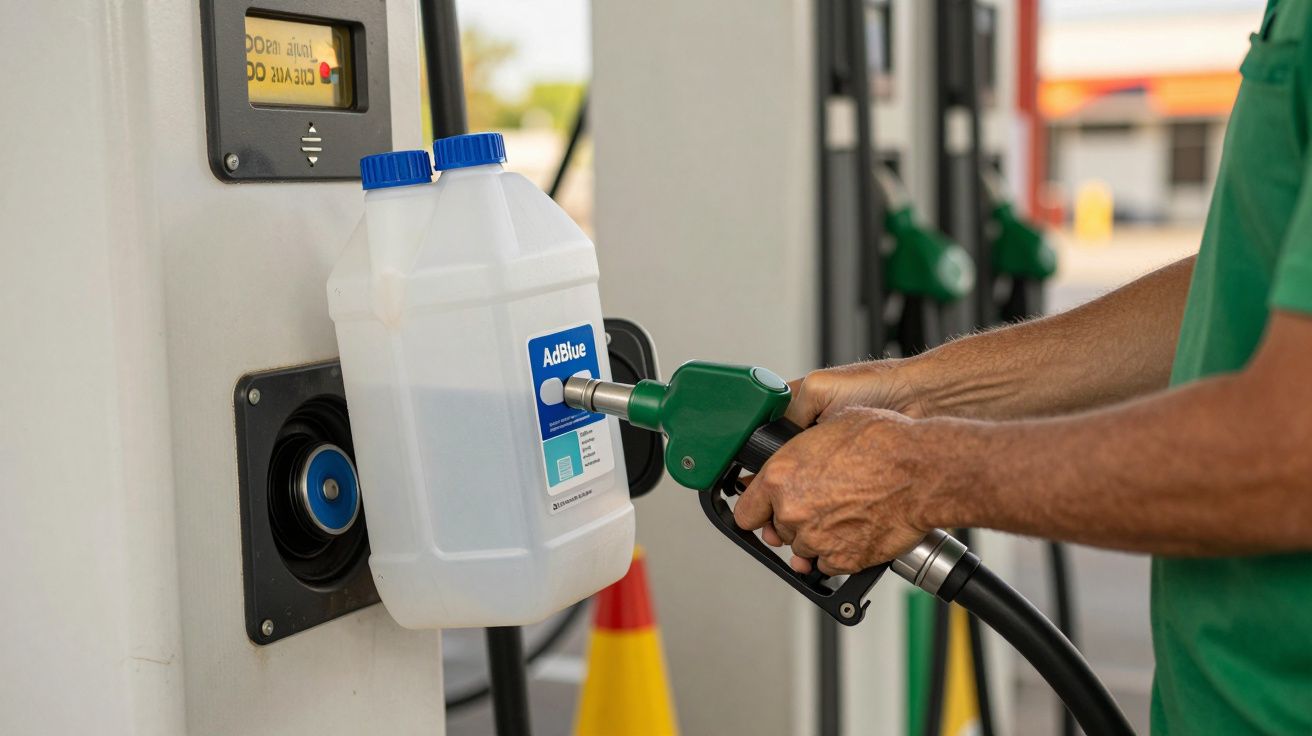 Pessoa a encher um recipiente de AdBlue numa estação de serviço com uma bomba específica para líquidos.