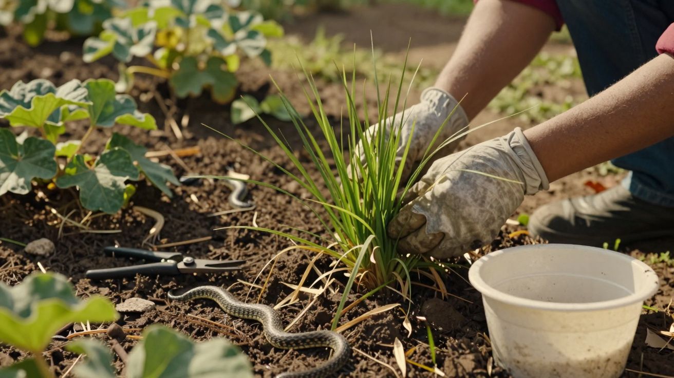 Mãos com luvas a cuidar de plantas num jardim, com uma serpente no solo e utensílios de jardinagem próximos.