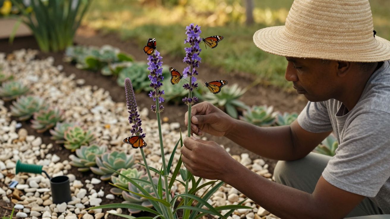 Pessoa de chapéu cuida de flores roxas num jardim, rodeadas de borboletas, sobre solo com pedras brancas.