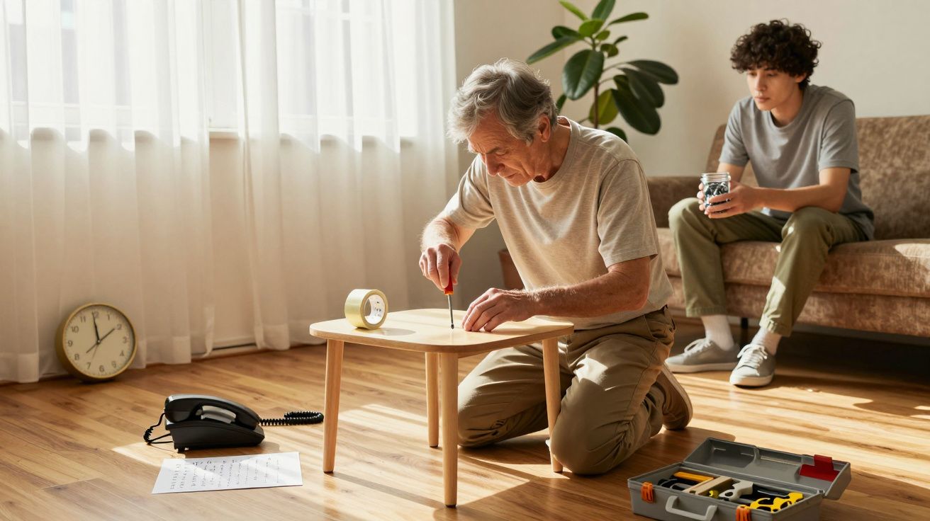 Homem idoso monta mesa pequena enquanto jovem observa, sentado no sofá com bebida; ferramentas no chão.