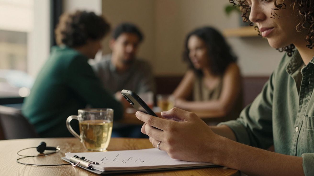 Pessoa com telemóvel numa mesa de café, com caderno e chá. Três pessoas desfocadas em conversa ao fundo.