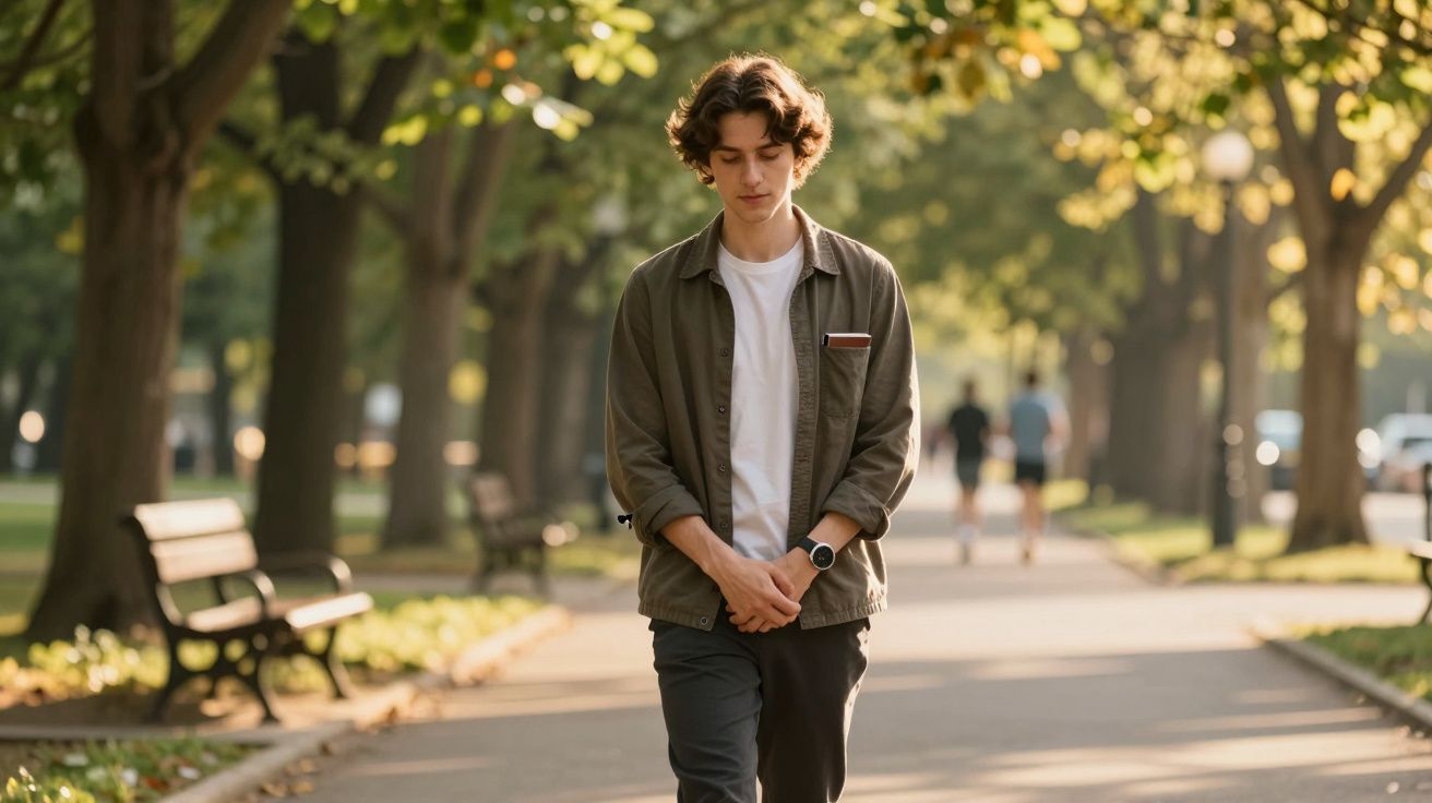 Jovem passeia num parque arborizado, usando camisa cinza, de mãos nos bolsos, ambiente com bancos ao longo do caminho.