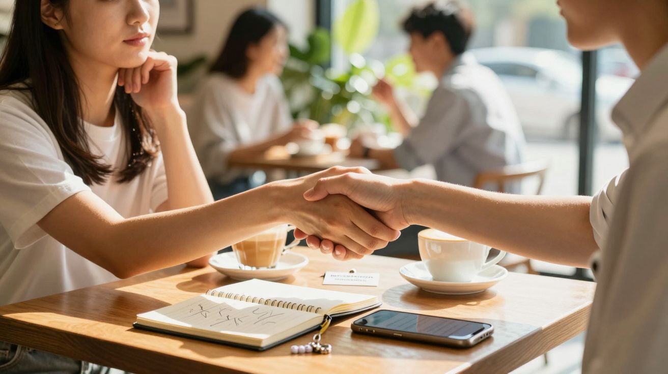 Duas pessoas apertando as mãos sobre uma mesa de café com um caderno, caneta, telemóvel e chávenas de café.