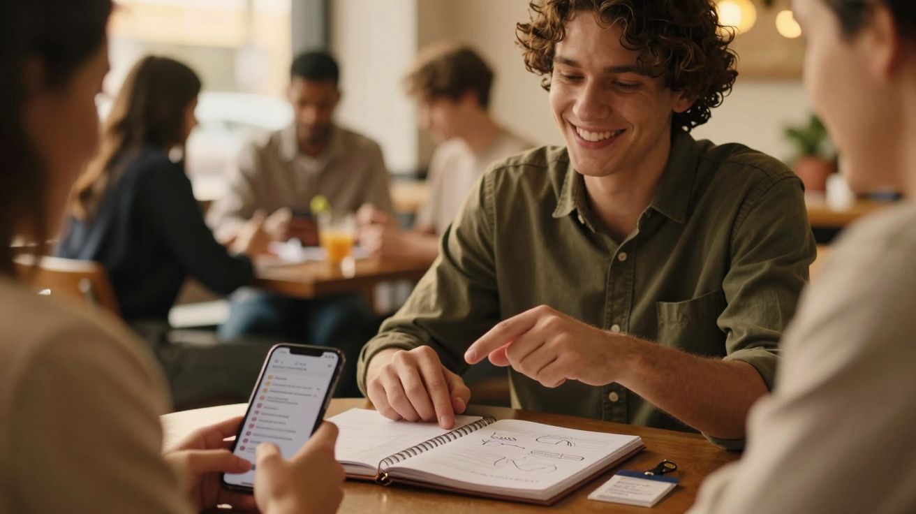 Jovens a estudar num café, com papéis, telemóvel e bebidas na mesa.
