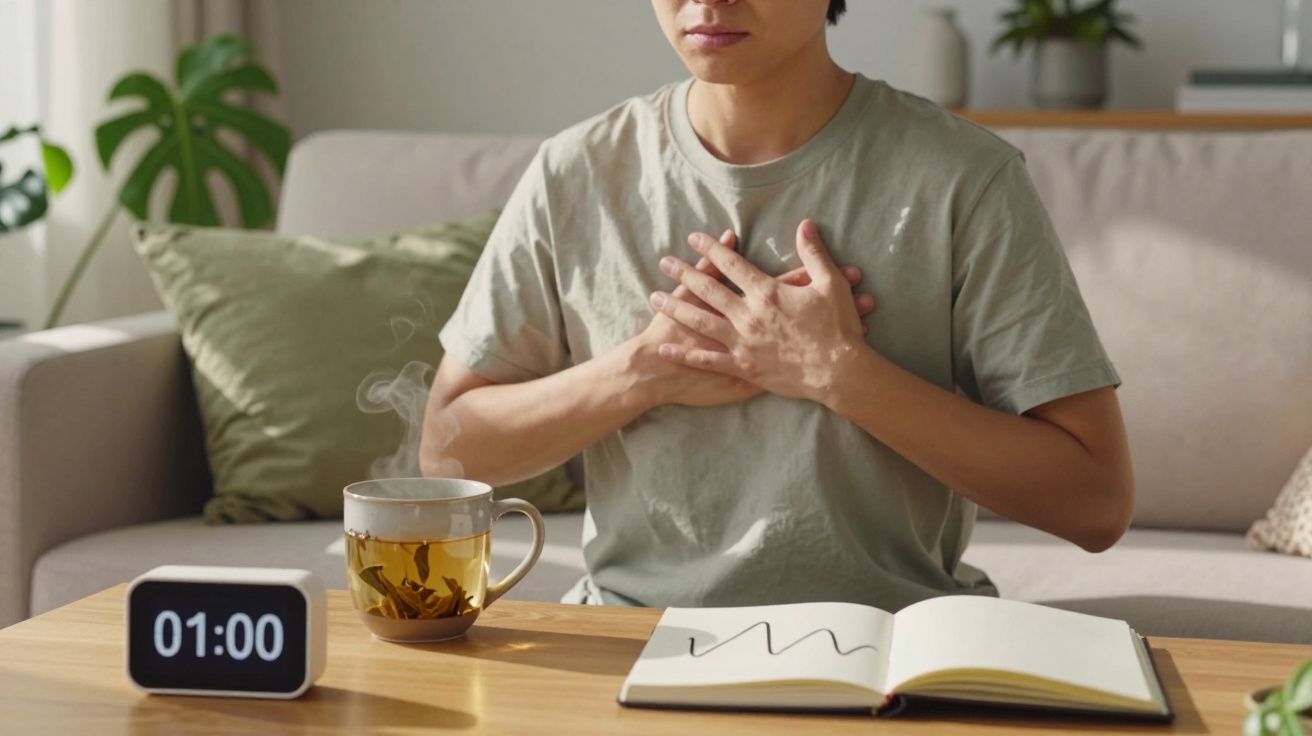 Homem sentado meditando com mãos no peito, chá quente, bloco de notas e temporizador marcando 1 minuto numa mesa.