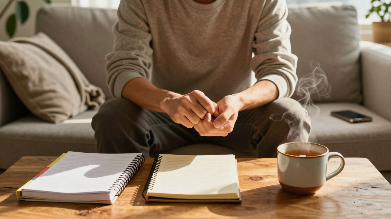 Homem sentado no sofá, com cadernos e uma chávena de café na mesa de madeira à frente.