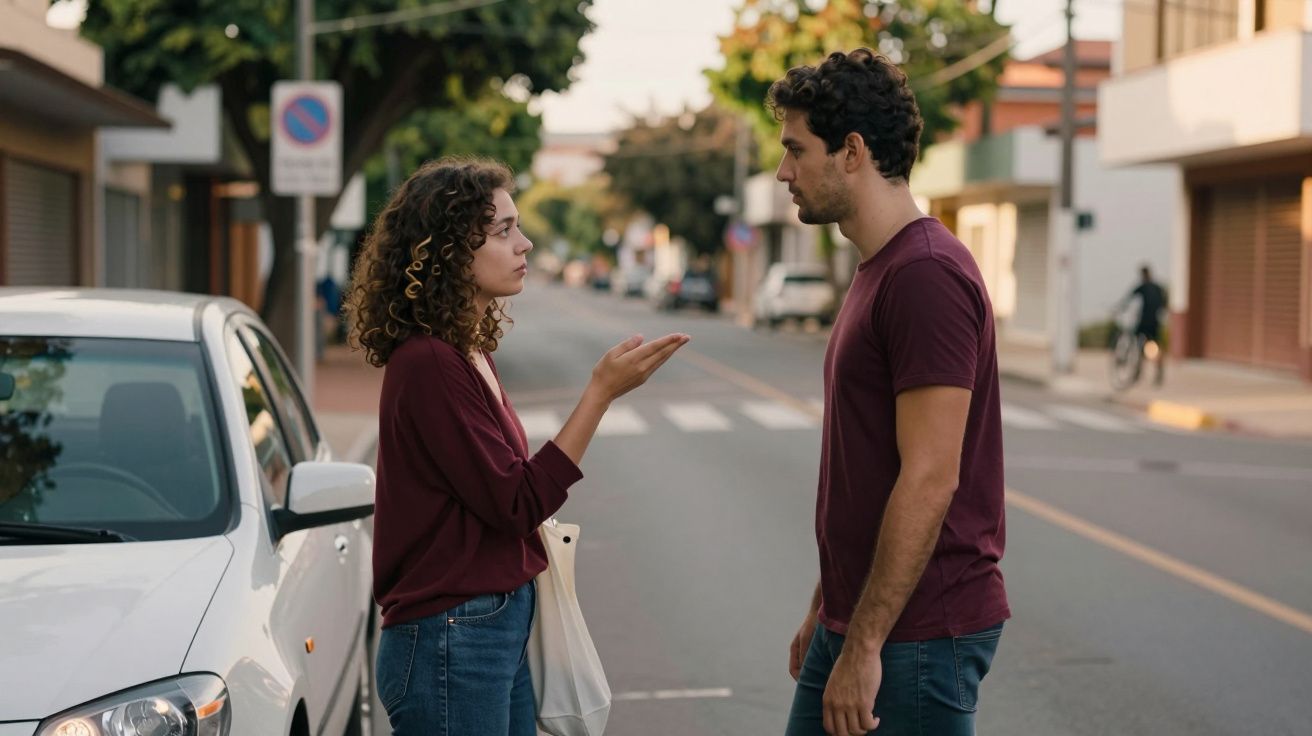 Mulher e homem conversam em pé numa rua residencial junto a um carro branco.